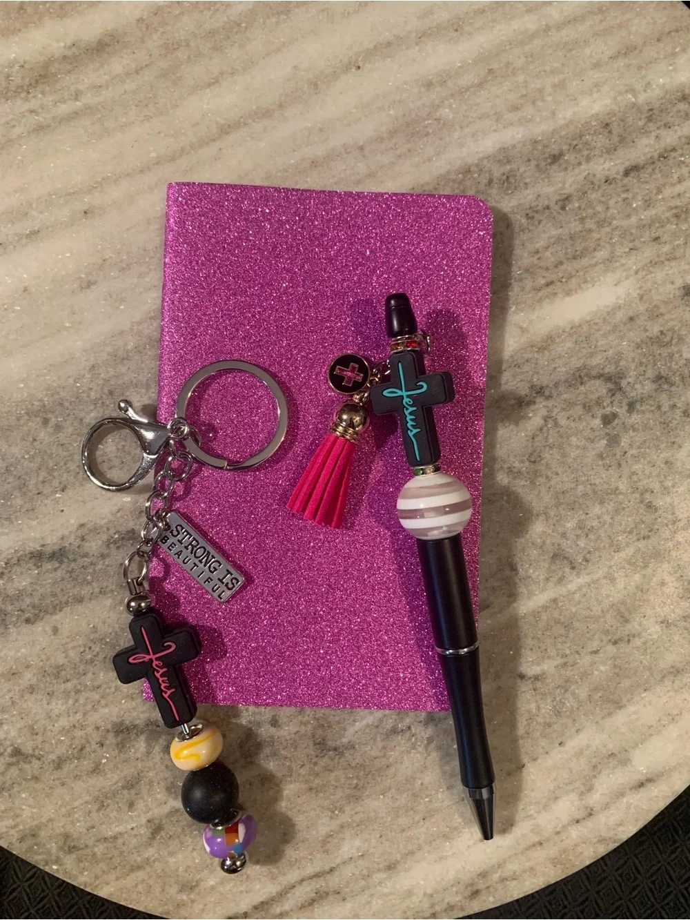 Pink Beaded Pen and Keychain Set with Cross Charm